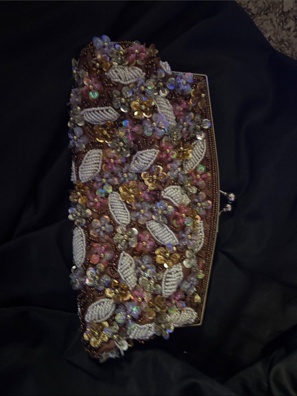 Beaded Floral Embellished Clutch in Brown